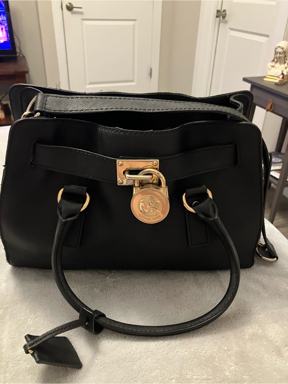 Michael Kors Hamilton Black Leather Satchel Bag With Gold Lock And Chain